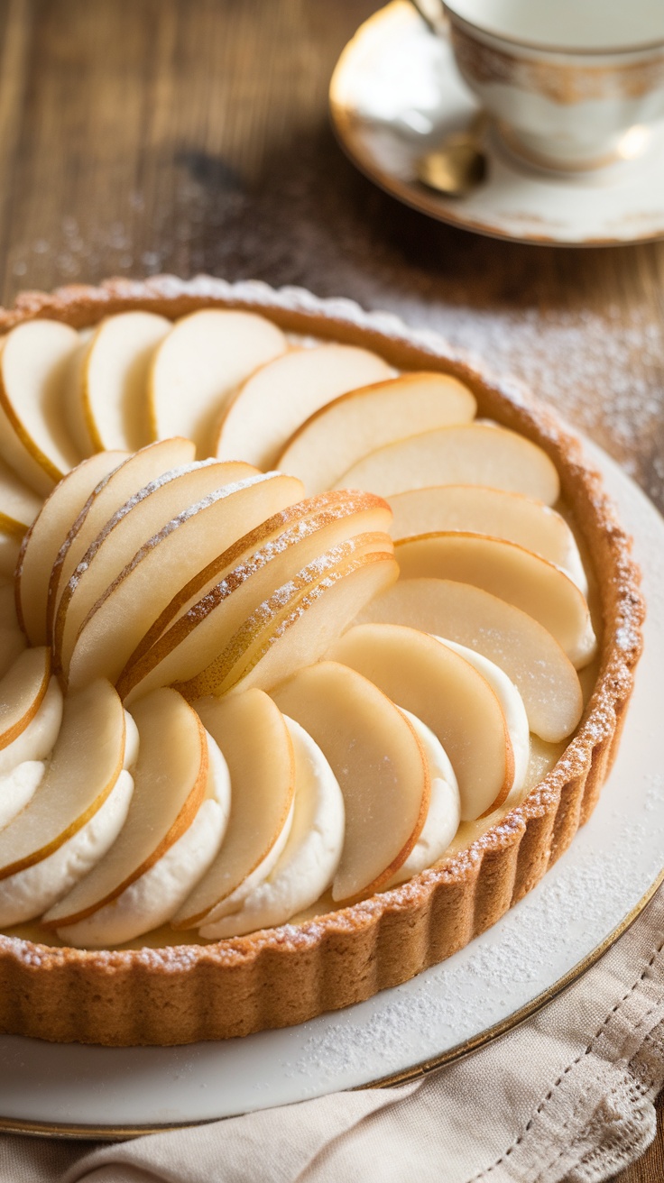 A golden almond frangipane tart topped with sliced pears, dusted with powdered sugar, on a rustic wooden table.